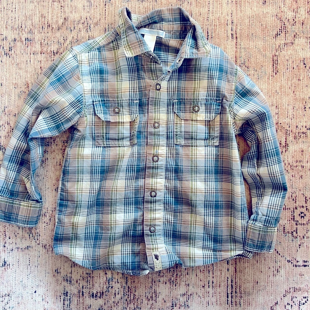Janie and Jack Blue and Tan Plaid Button-Down Shirt